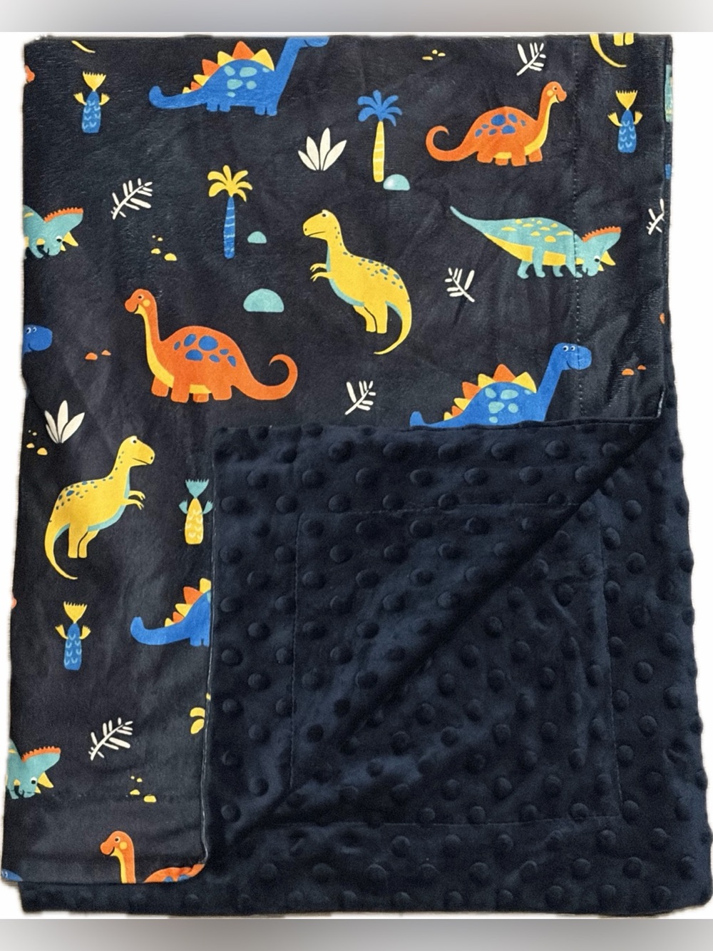 $10 w/ Bundle NWOT Plush Navy Baby Blanket with Colorful Dinosaur Print